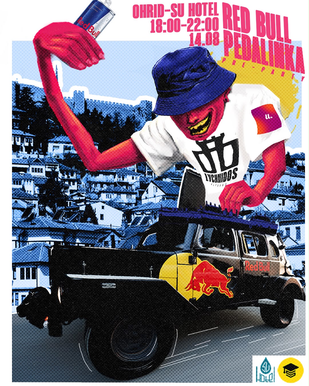 Red Bull Pedalinka pre-party poster — 14.08, 18:00–22:00 at Ohrid–SU Hotel, riso collage of a DJ on a Red Bull truck above old Ohrid