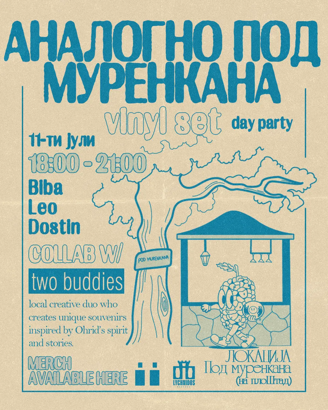 Vinyl set day party poster — blue line-art tree and figure on cream