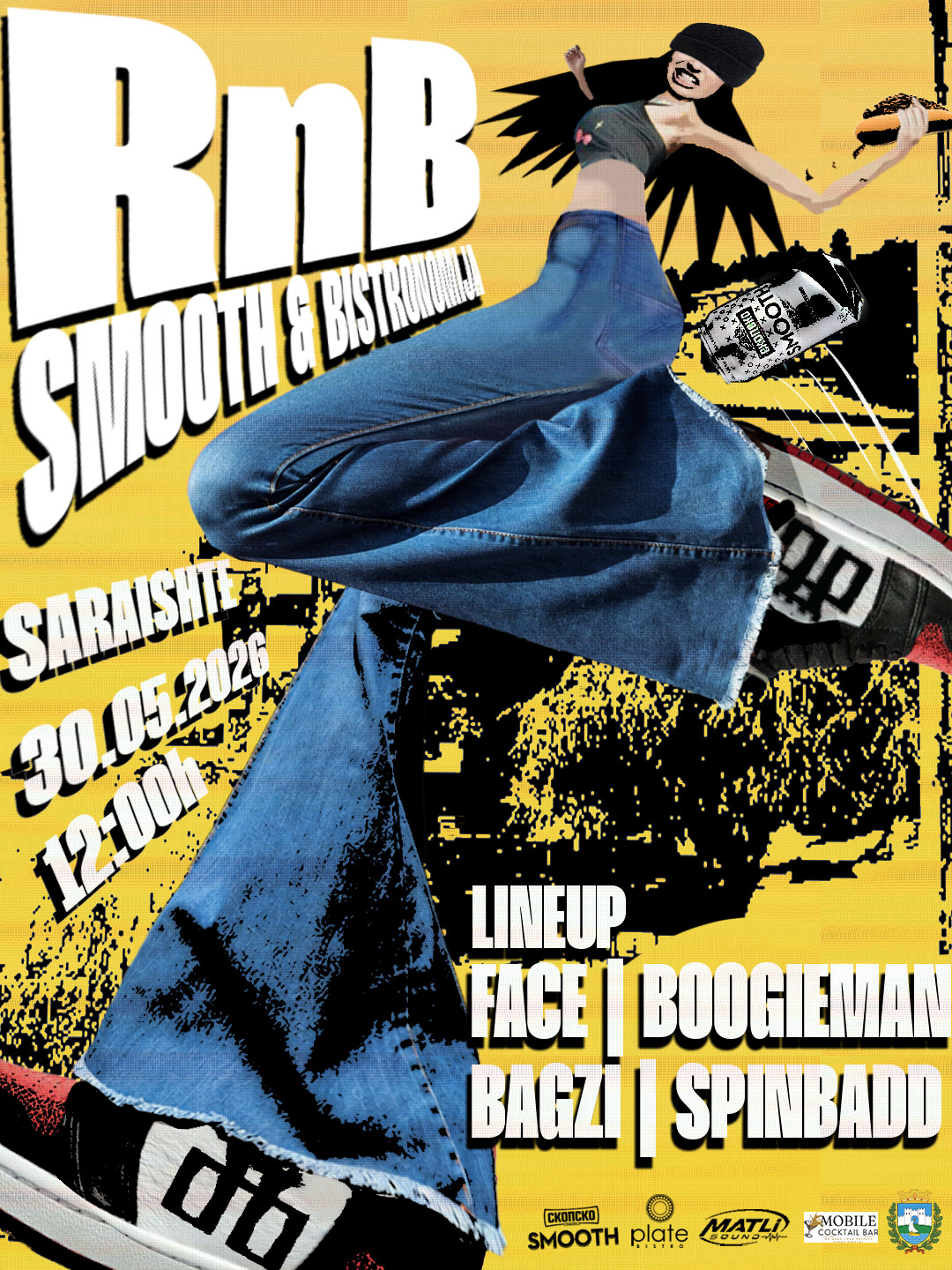 Yellow RnB poster with a jumping figure in wide jeans