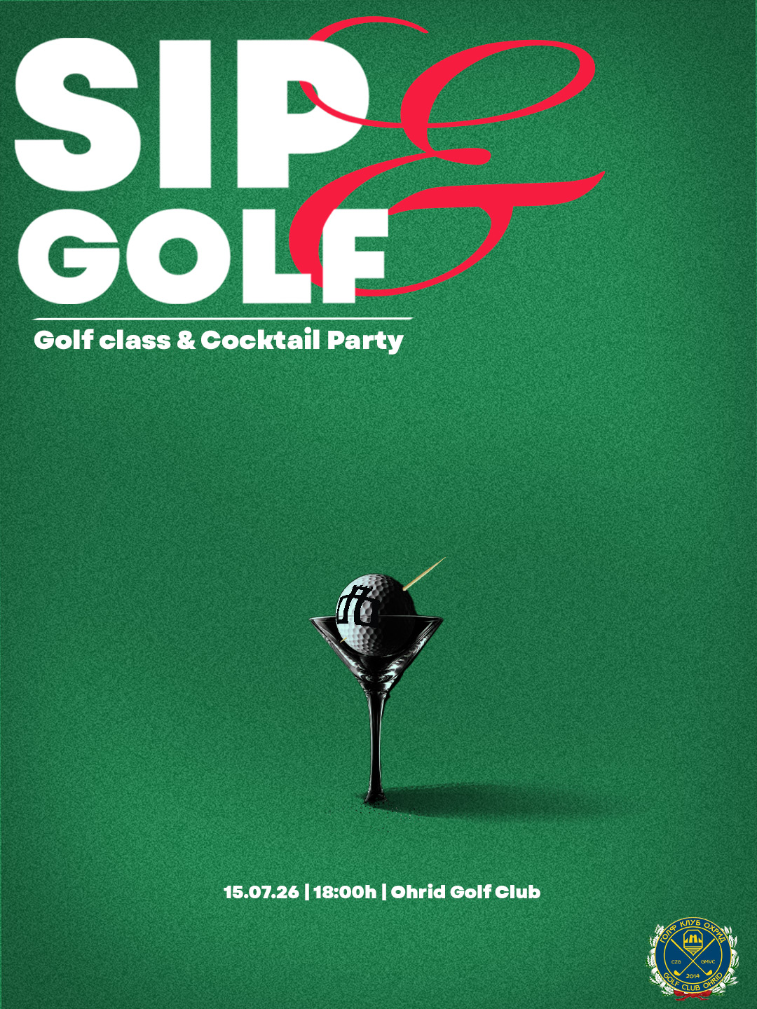 Sip & Golf poster — golf ball in a martini glass on green