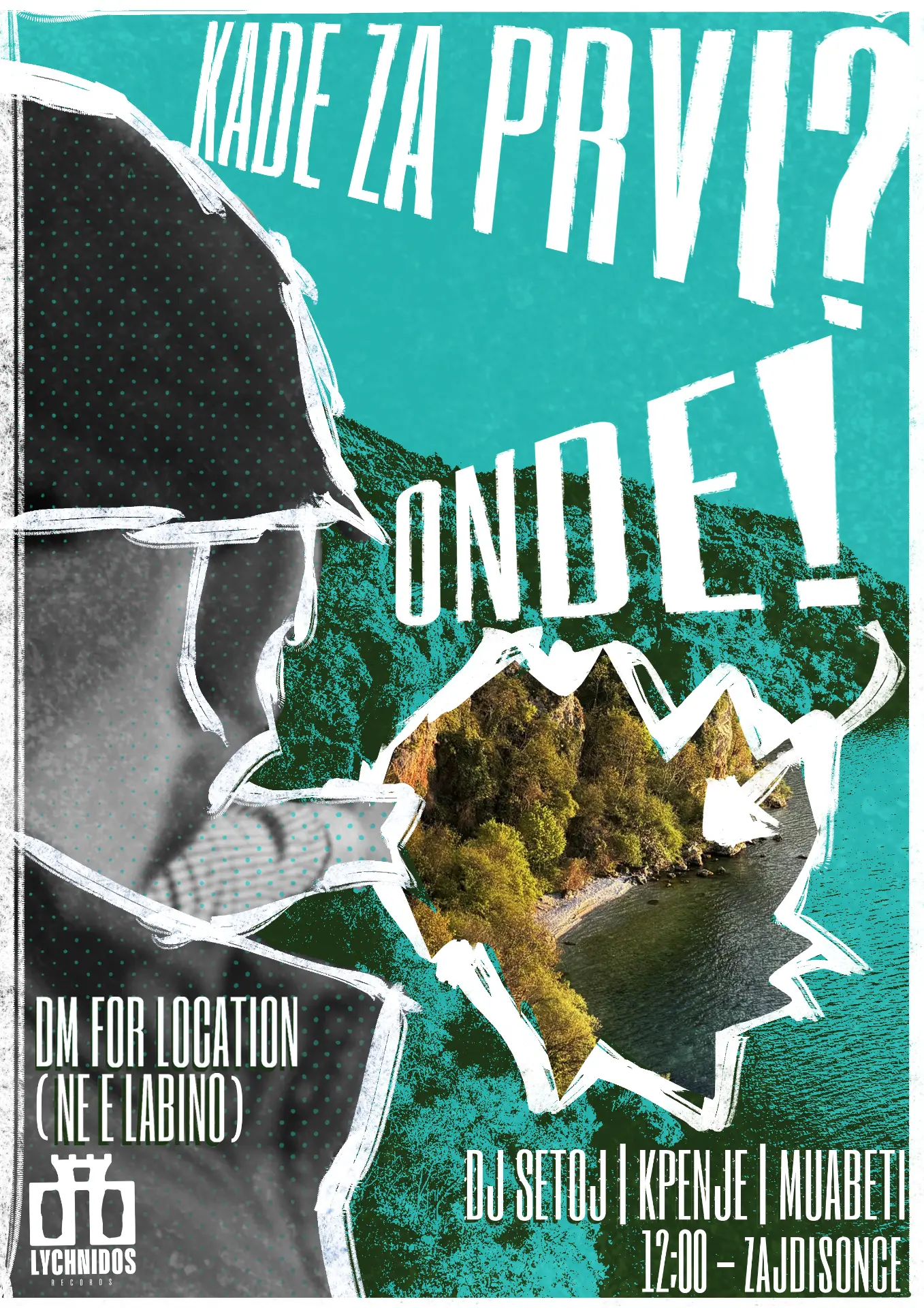 Teal poster with a cutout revealing a lake view for the first of May