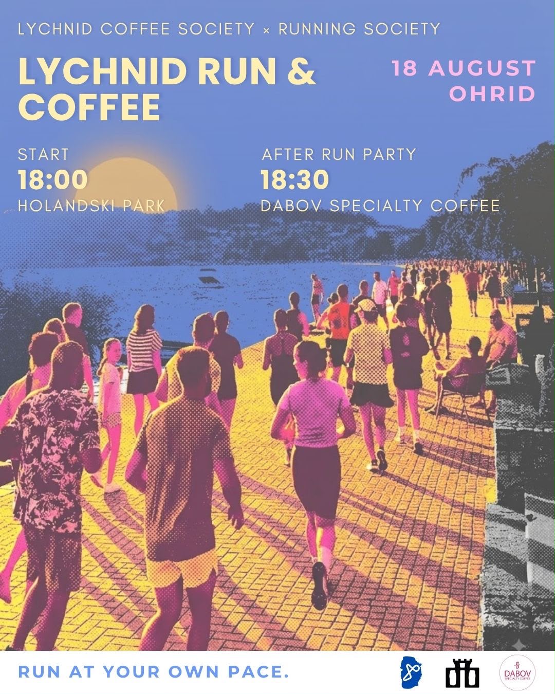 Lychnid Run & Coffee poster — duotone runners on the Ohrid promenade, 18 August