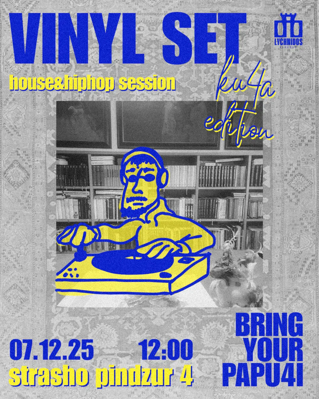 Blue and yellow Vinyl Set poster with a selector at a turntable