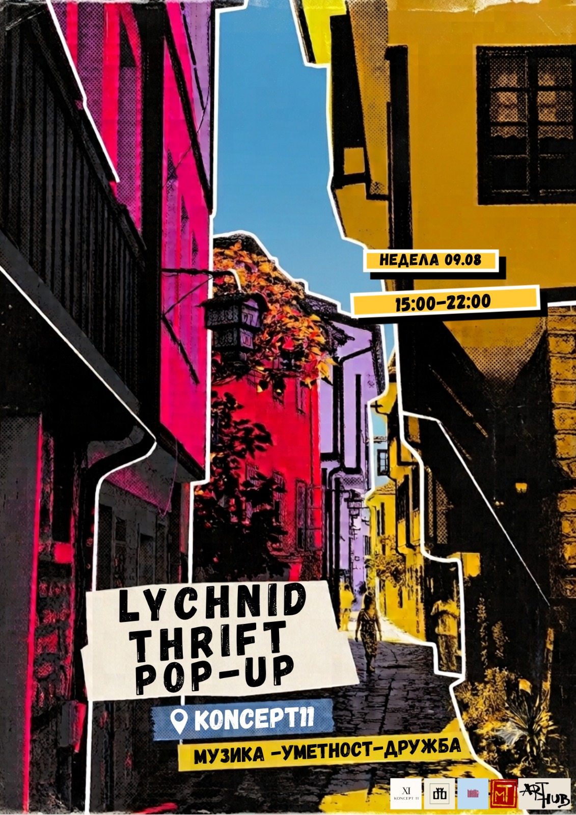 Lychnid Thrift Pop-Up poster — Sunday 09.08, 15:00–22:00 at Koncept 11, Ohrid old town in riso colour
