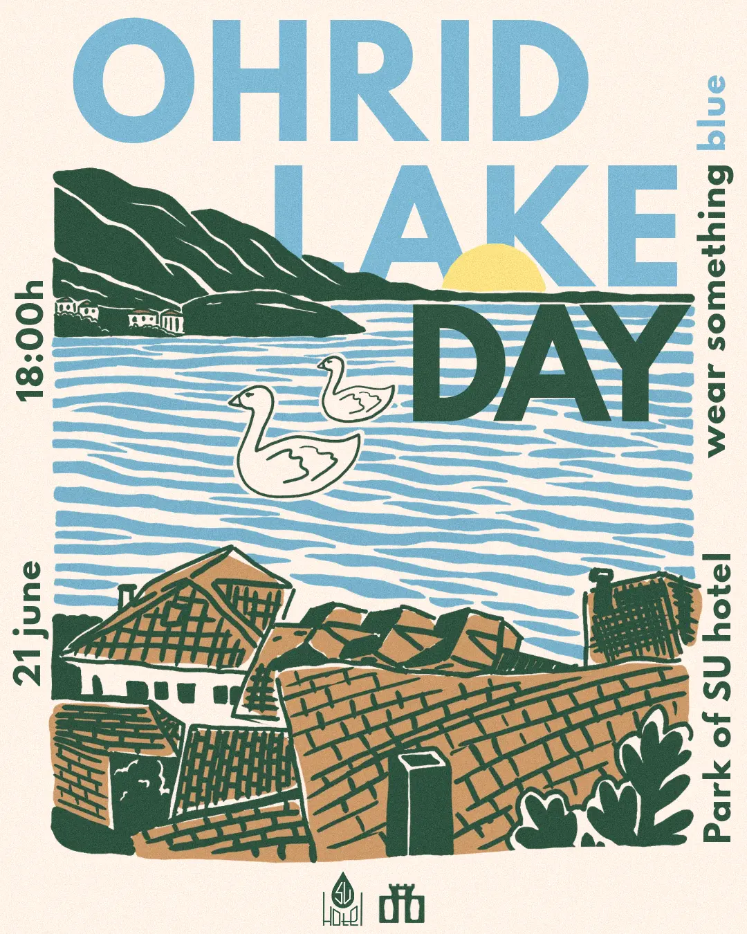 Ohrid Lake Day poster — linocut lake, swans and old town roofs