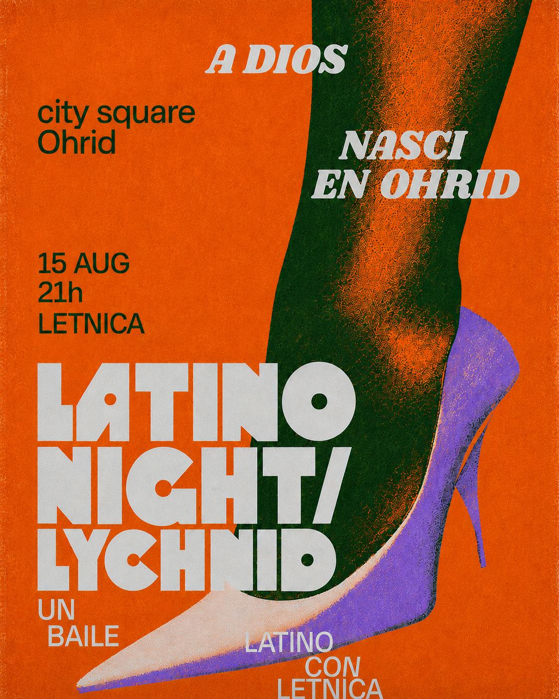 Latino Night / Lychnid poster — orange riso poster with a purple stiletto heel, 15 August 21h at Letnica
